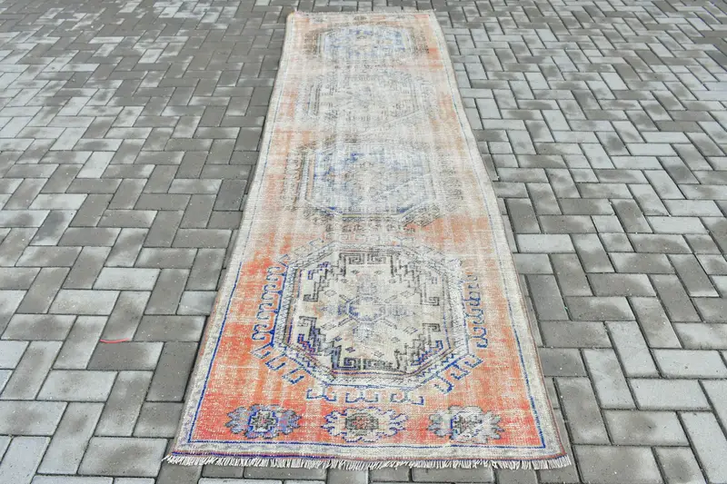 Türkischer 3,2x10,1 ft Teppich, Läufer Vintage Teppich, Orange Blauer Teppich - 1