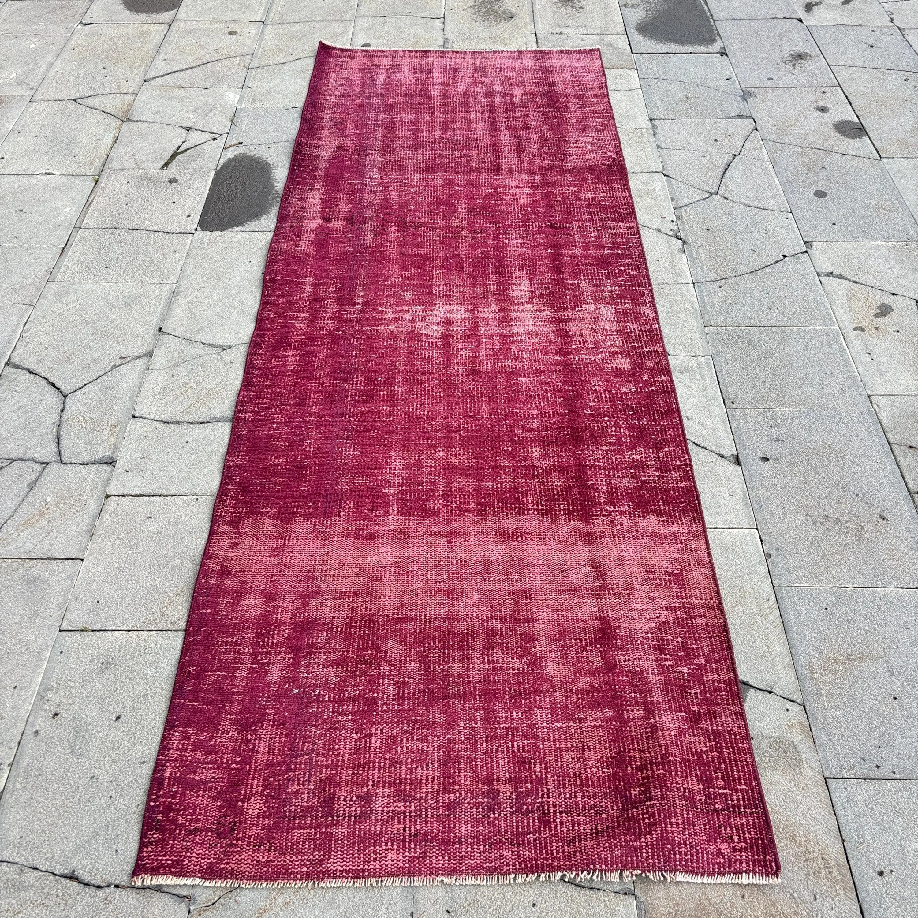 Turkish Vintage Rug 3x8.3 ft, Red Runner Camouflage Wool Rug - 1