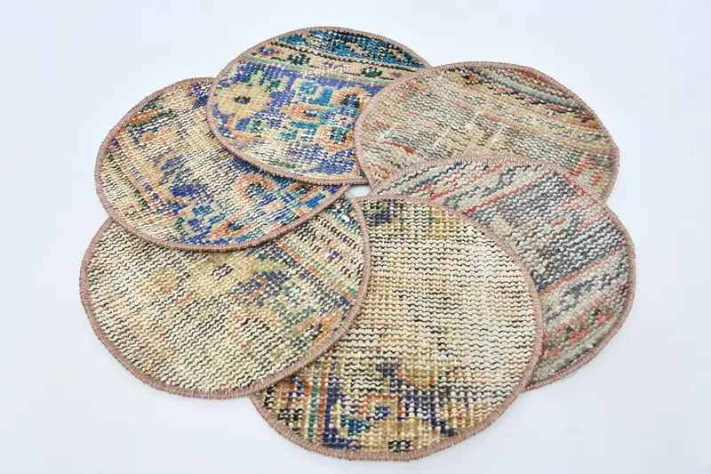 ボヘミアン ブルー & ベージュ サークル プレースマット、コットン & ウール プレースマット