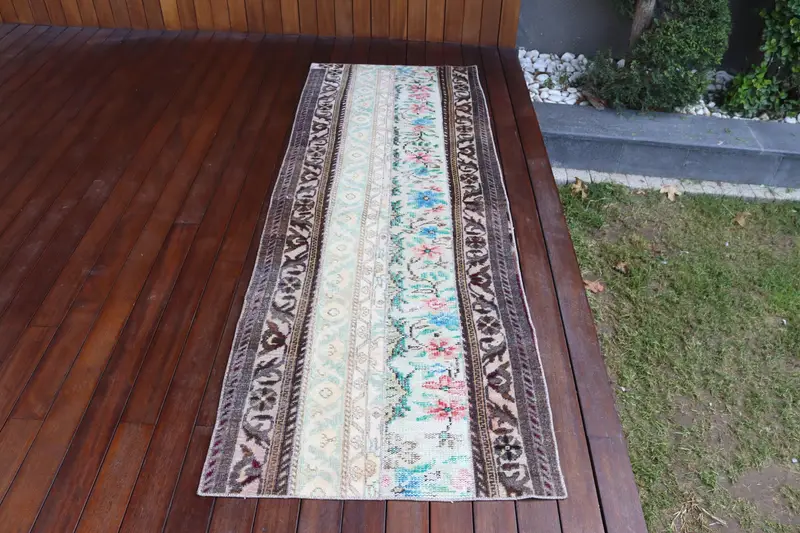 2.6x7.4 ft Turkish Runner Rug, Brown Blue Vintage Abstract Wool Rug - 1