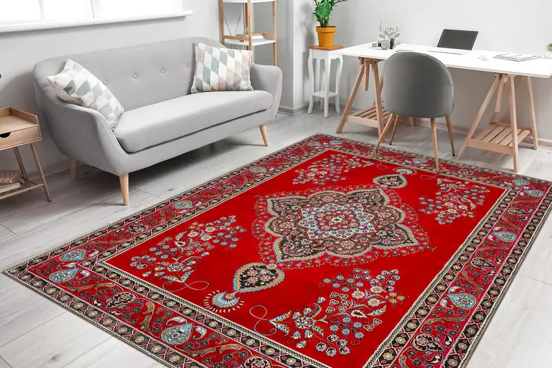 エレガントなプリントラグ：ブルー＆レッドの花柄ヴィンテージパターン