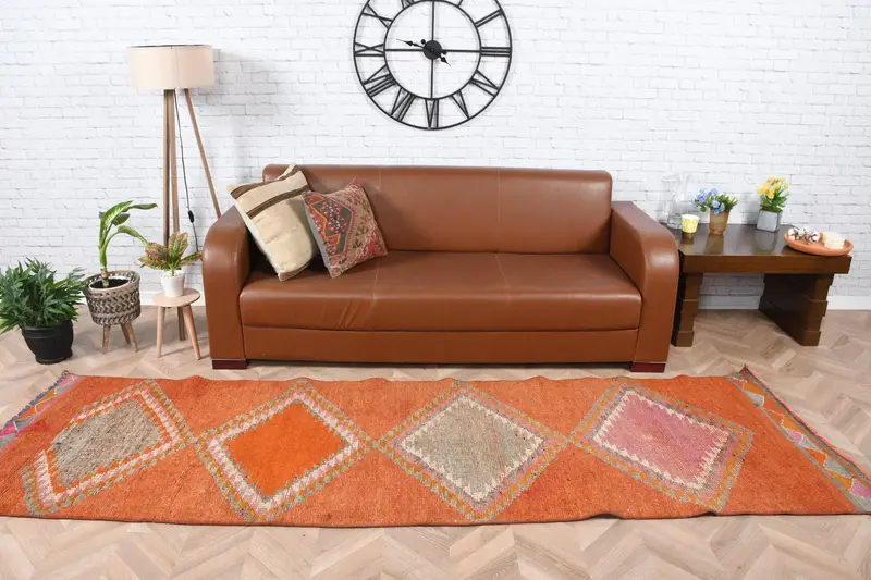 Turkish Herki Runner Rug 2.9x10 ft (89x306 cm), Vintage Orange Southwestern Wool Rug - 1