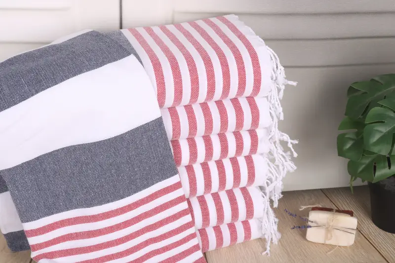 Turkish Bath Towel Red-Navy Blue Striped, Organic Cotton, 70x40 Inches