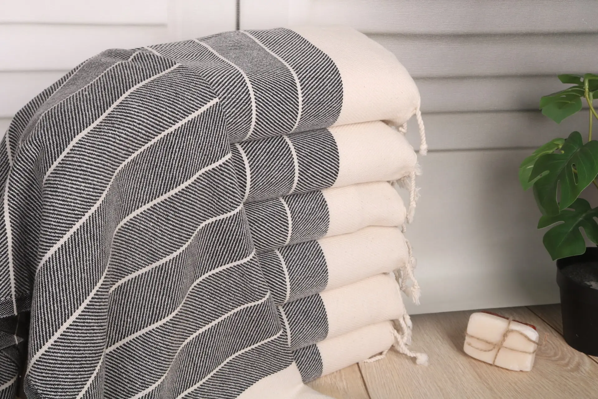 Striped Tea Towel Custom Hand Towel, 16x36 inches, Black Cotton, Organic - 1