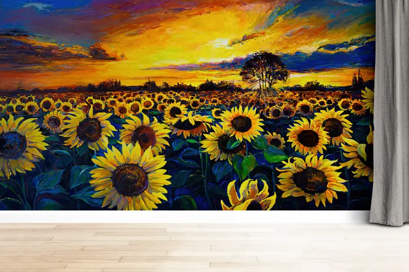 Paper Wall Art ,Field Landscape Wall Paper,Bright Wall Paper,Sunflower Field Painting,3d Wall Paper,View Wall Decor, - 5