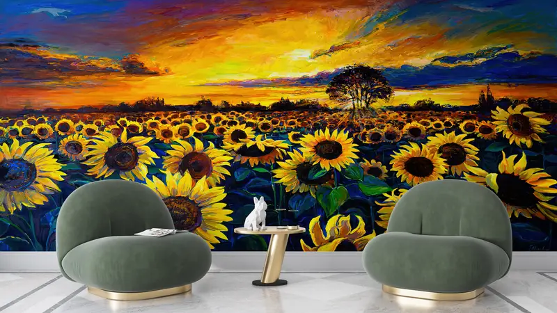 Paper Wall Art ,Field Landscape Wall Paper,Bright Wall Paper,Sunflower Field Painting,3d Wall Paper,View Wall Decor, - 3