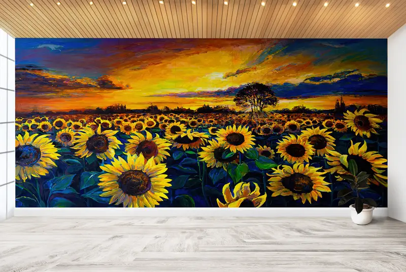 Paper Wall Art ,Field Landscape Wall Paper,Bright Wall Paper,Sunflower Field Painting,3d Wall Paper,View Wall Decor, - 4