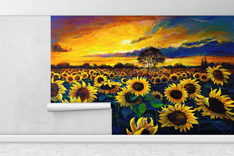 Paper Wall Art ,Field Landscape Wall Paper,Bright Wall Paper,Sunflower Field Painting,3d Wall Paper,View Wall Decor, - 1
