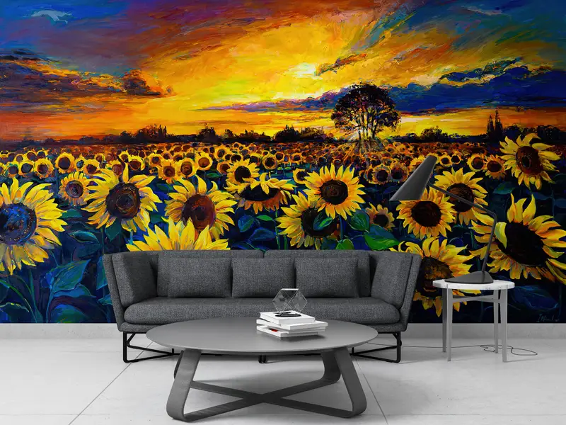 Paper Wall Art ,Field Landscape Wall Paper,Bright Wall Paper,Sunflower Field Painting,3d Wall Paper,View Wall Decor, - 9