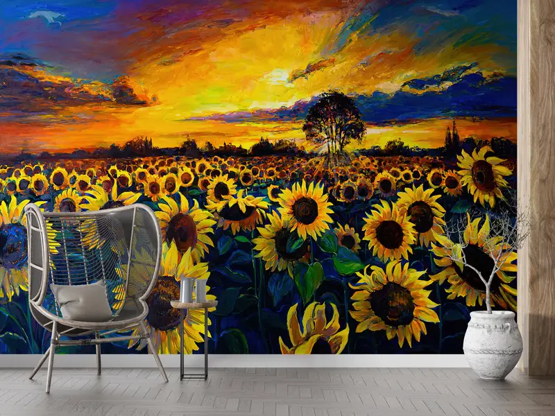Paper Wall Art ,Field Landscape Wall Paper,Bright Wall Paper,Sunflower Field Painting,3d Wall Paper,View Wall Decor, - 8