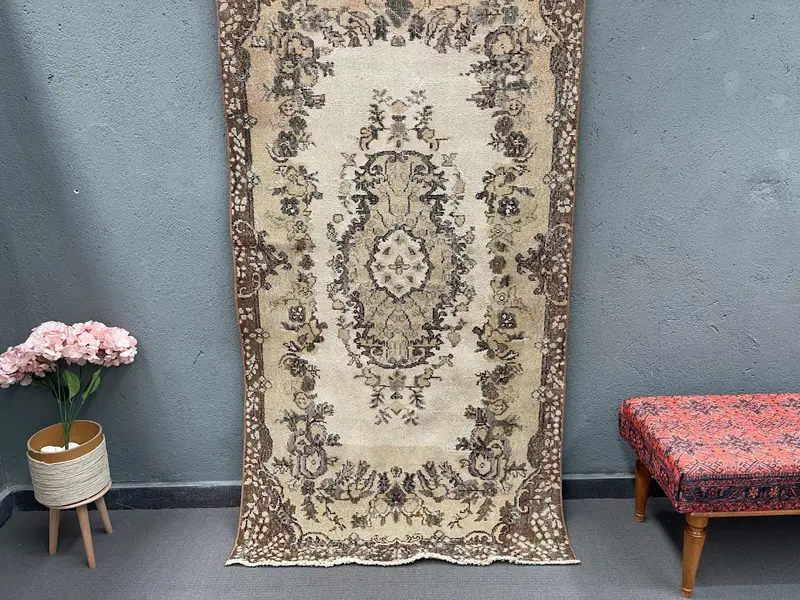 3.6x6.7 ft Oushak Rug, Turkish Vintage Rug, Brown Beige Rug - 1