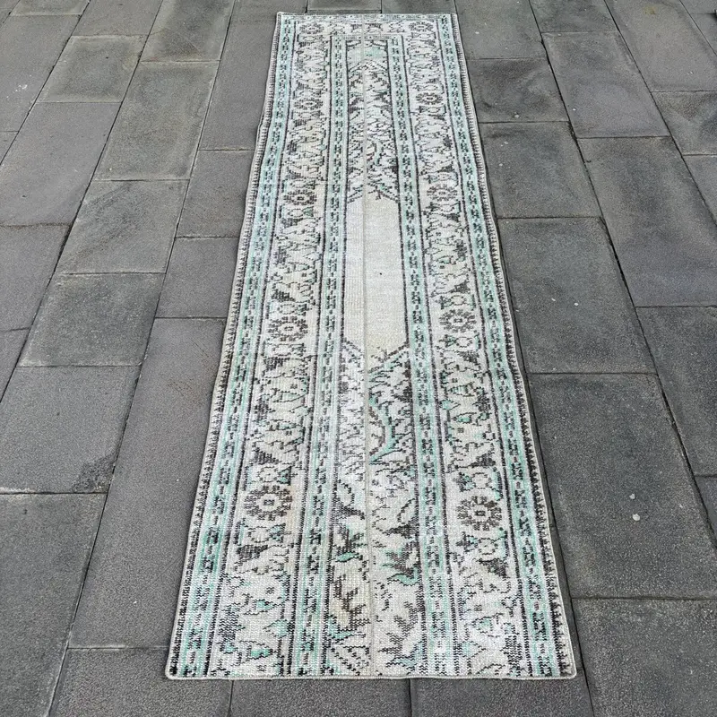 Turkish Vintage Rug, 2.3x8.4 ft Runner Rug, Gray Blue Ombré Wool Rug - 1