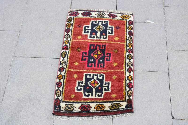 1.4x2 ft Halı, Türk Vintage Halısı, Kırmızı Mavi Soyut Yün Halı - 1
