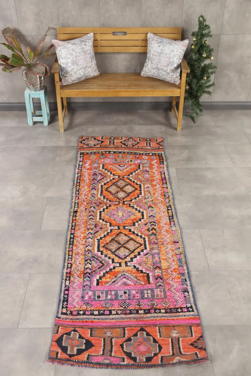 Turkish Vintage Herki Rug 2.7x8 ft (83x244 cm), Orange Animal Print Wool Rug - 1