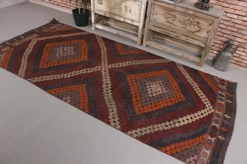 3.9x8.9 ft Alan Vintage Halı, Türk Halısı, Kahverengi Turuncu Çiçekli Yün Halı - 1