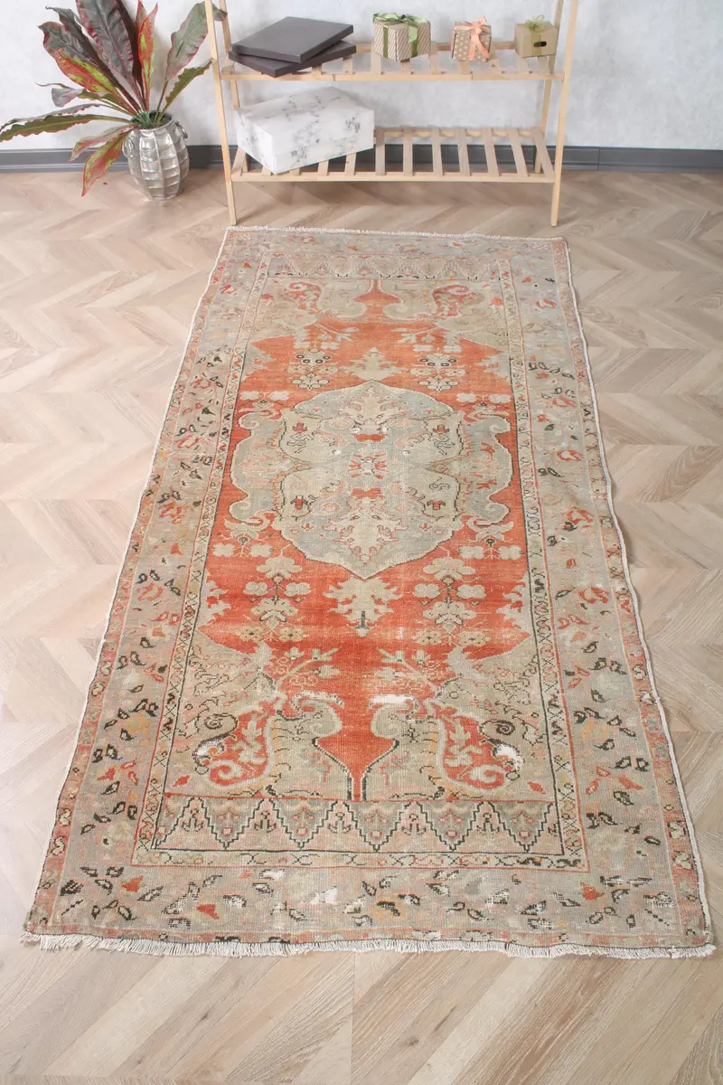 3.5x6.8 ft Rug, Turkish Oushak Rug, Vintage Orange Wool Ombré Rug - 1