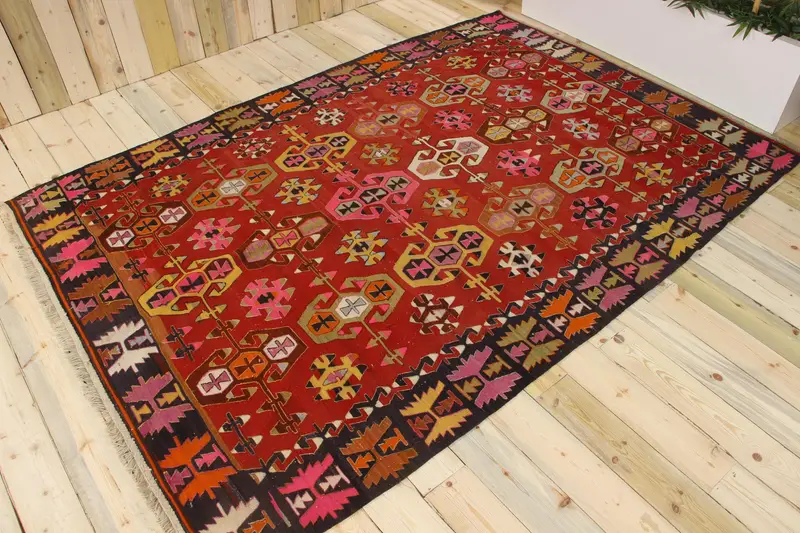 Türk Oushak Halı 6.2x9.2 ft, Kırmızı Pembe Soyut Yün Vintage Halı - 1