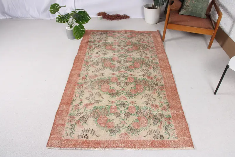 3.7x6.46 ft Oushak Halı, Türk Vintage Halı, Kırmızı Yeşil Halı - 1
