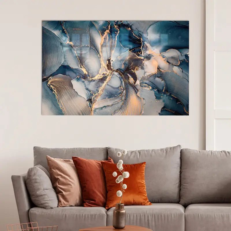 モダンなプリントガラス: 家庭用の現代的な青の抽象アート