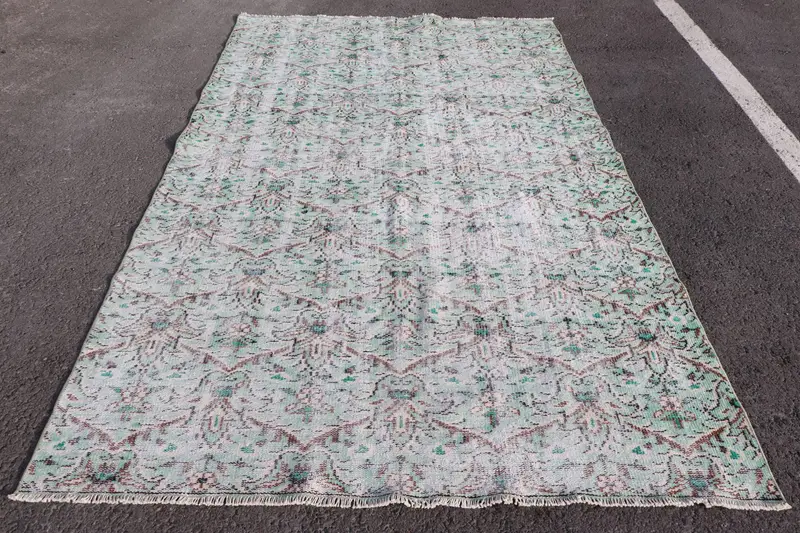 5.6x9.1 ft Oushak Halı, Vintage Türk Halısı, Yeşil Kahverengi Çiçekli Halı - 1