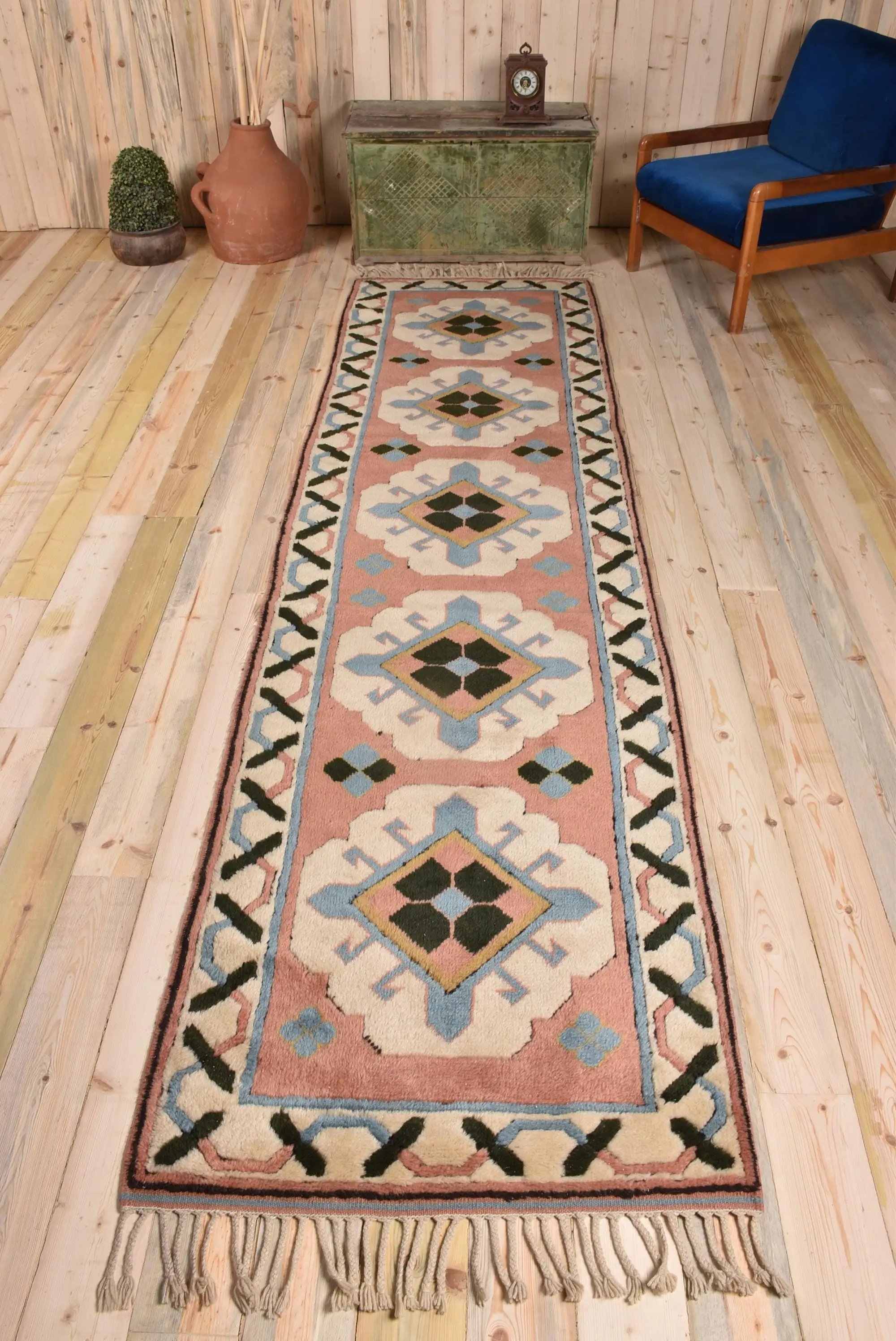 3x11.1 ft Rug, Vintage Turkish Rug, Pink Wool Rug - 1