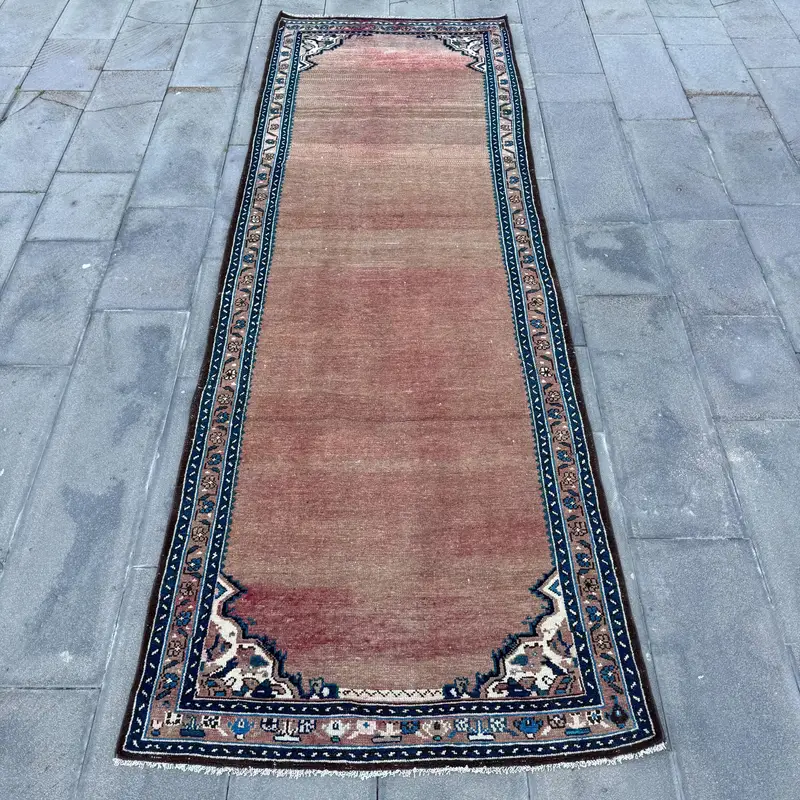 Turkish Rug, Runner 3.7x10.3 ft Vintage Rug, Brown Blue Solid Wool Rug - 1