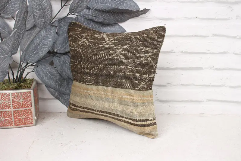 12x12 Beige Pillow, Square Throw Cushion Case, Cushion Cover, Tapestry Pillow Case, Kilim Pillow, Kilim Cushion Sham, Ethnical Kilim Rug Pillow - 4
