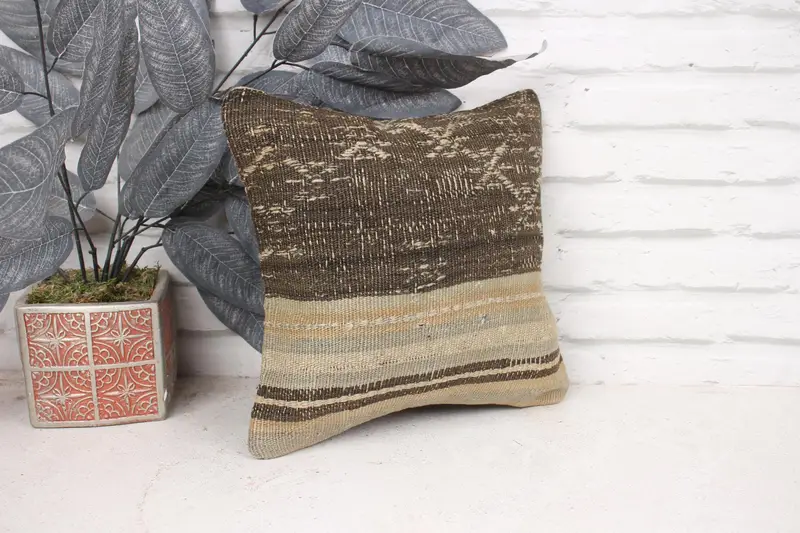 12x12 Beige Pillow, Square Throw Cushion Case, Cushion Cover, Tapestry Pillow Case, Kilim Pillow, Kilim Cushion Sham, Ethnical Kilim Rug Pillow - 3