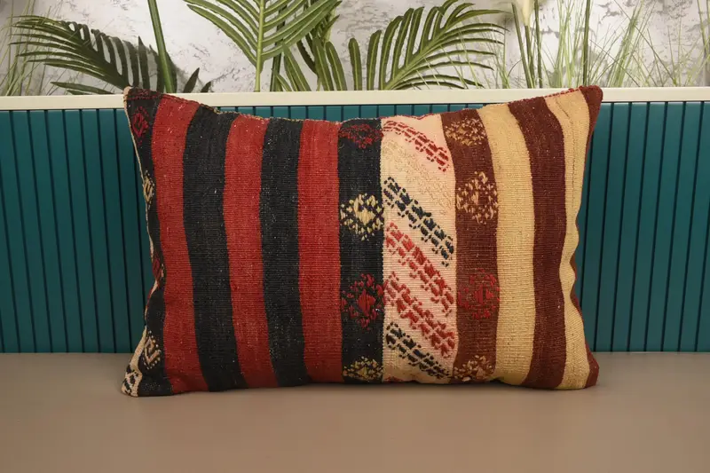 Vintage Antique Red Pillowcase, 16x24 inch Striped Wool Pillow - 1