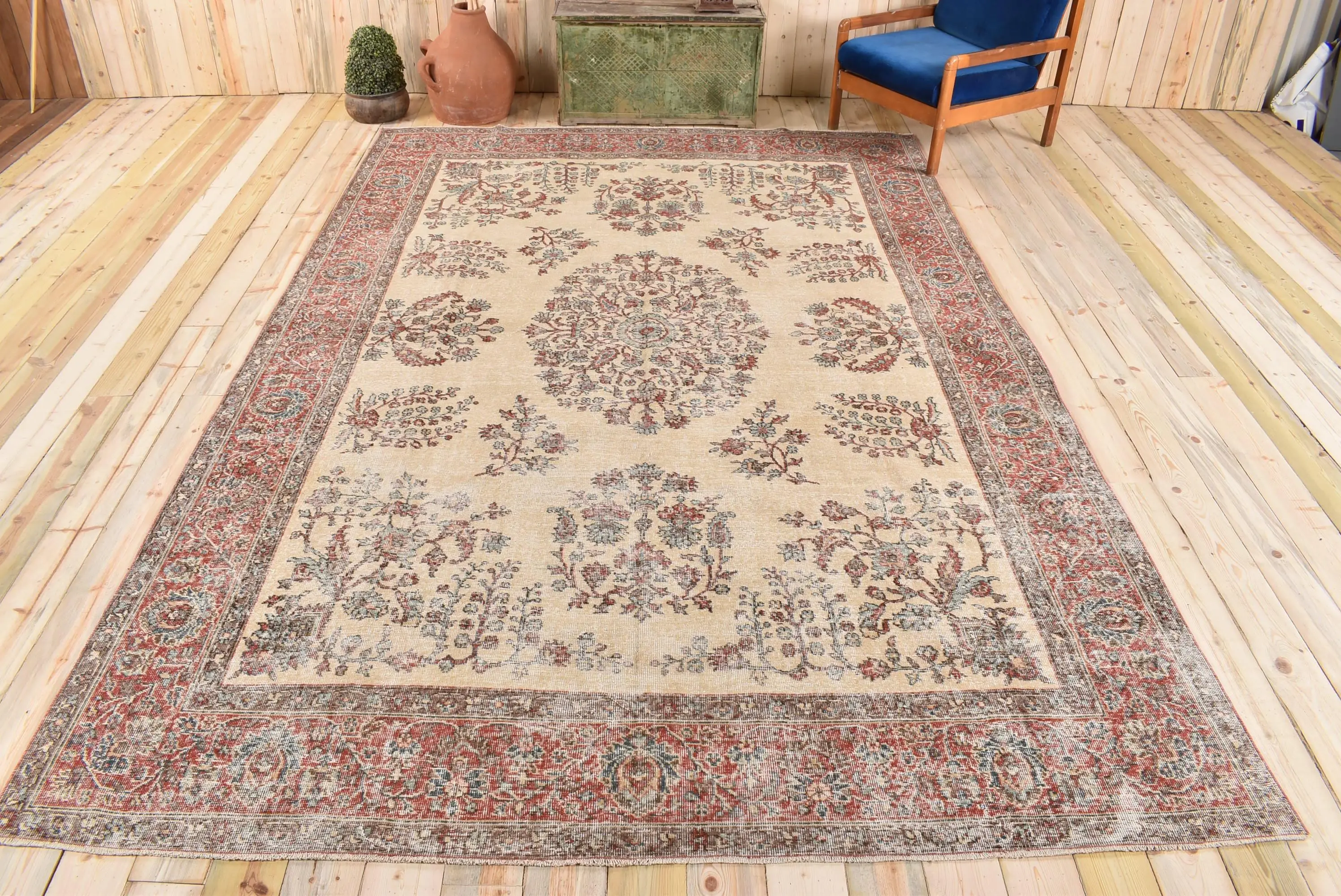 8.1x11.8 ft Turkish Rug, Vintage Oversize Rug, Red Blue Patchwork Wool Rug - 1