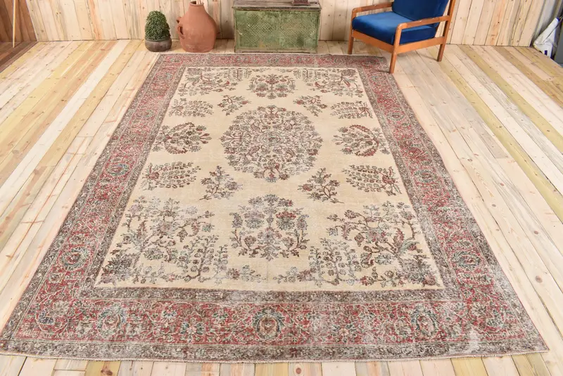 8,1x11,8 ft Bej ve Kırmızı Halı, Patchwork Tasarım