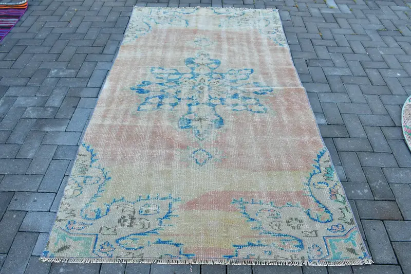 Türk 4.4x7.5 ft Halı, Alan Vintage Halı, Mavi Pembe Patchwork Halı - 1
