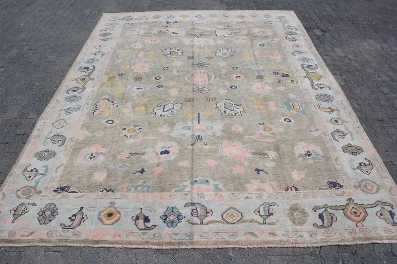 Vintage Türk Oushak Halısı 9.3x12.3 ft, Gri Büyük Boy Soyut Yün Halı - 1