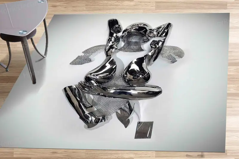 Elegant Silver Couple Printed Rug: Metallic, Romantic, Bedroom Decor