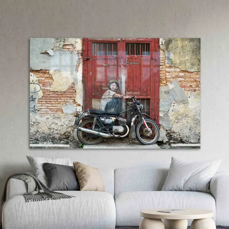 プリントガラス: 現代のペナン、ジョージタウン、自転車に乗る子供