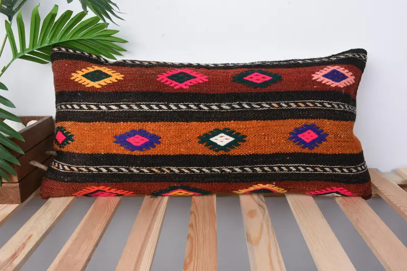 Throw Kilim Pillow, Handwoven Pillow Cover Pillow Case, Cushion, 12x24 Brown Pillow Sham, Interior Designer Pillow, Handmade Kilim Cushion - 1