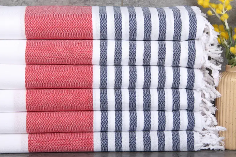 Monogrammed Beach Towel Navy Blue Red Stripes, Organic Cotton, 40x71 Inches