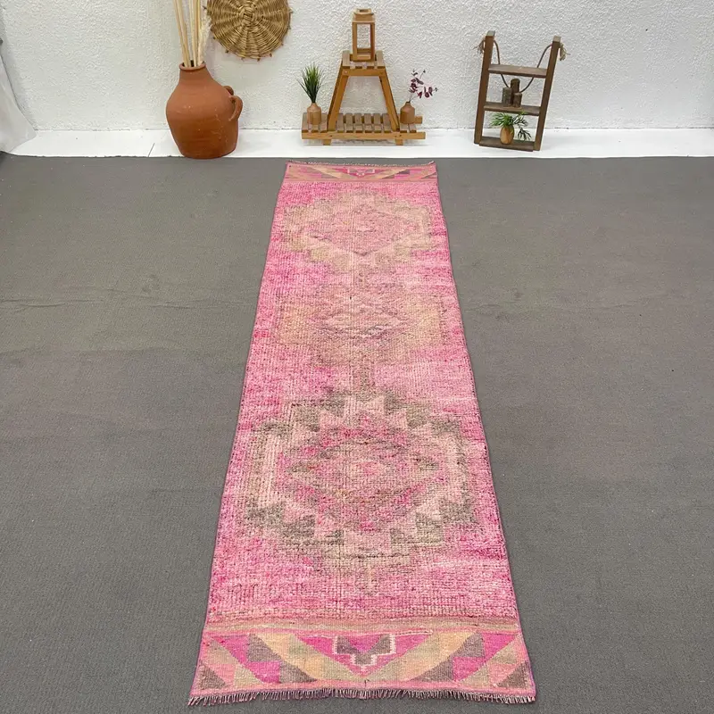 2.9x10.3 ft Runner Turkish Rug, Pink Check Vintage Rug - 1