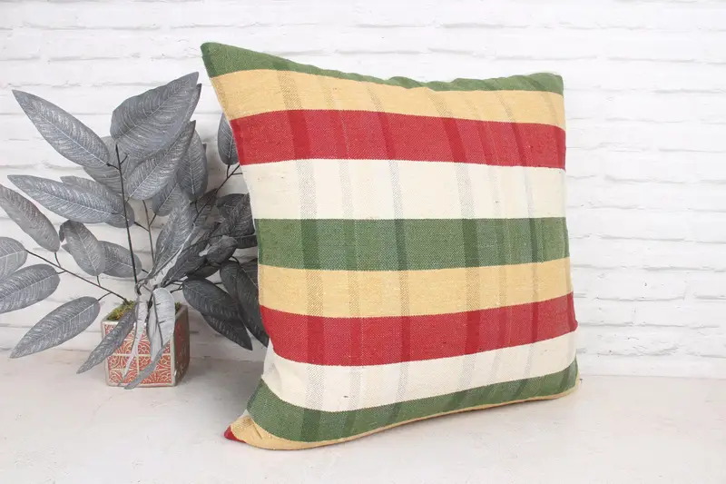 Ethnical Kilim Rug Pillow, Square Throw Pillow, Cushion Cover, Gift Pillow, 24x24 Green Pillow Case, Boho Pillow Sham Cover - 3