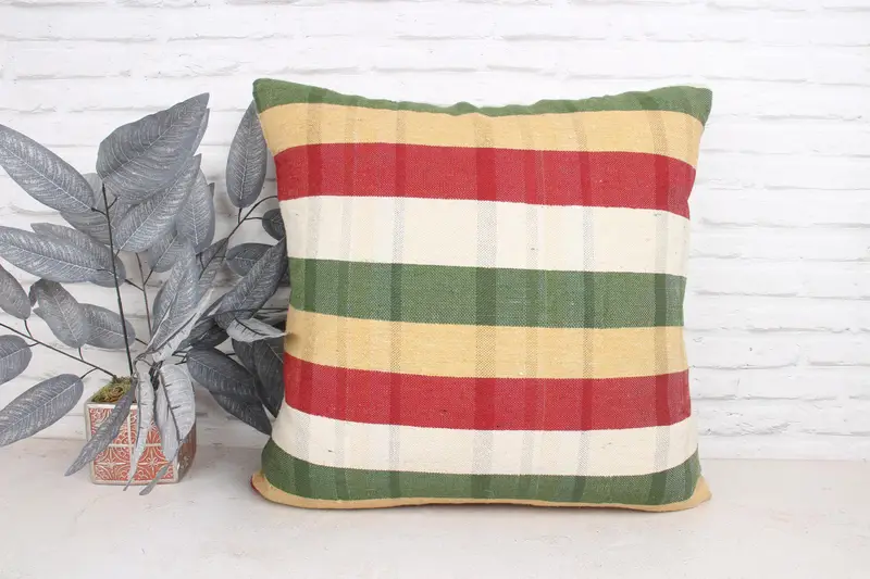 Ethnical Kilim Rug Pillow, Square Throw Pillow, Cushion Cover, Gift Pillow, 24x24 Green Pillow Case, Boho Pillow Sham Cover - 1