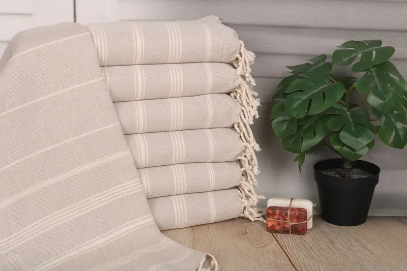 Monogrammed Beige Turkish Cotton Hand Towel Striped, 24x38 Inches