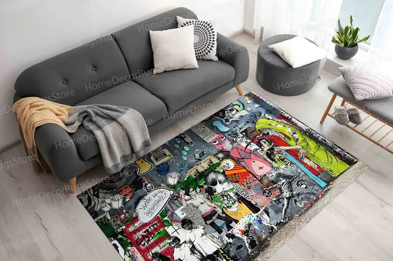 Grafitiden Esinlenen Baskılı Halı: Modern, Modaya Uygun, Renkli Ev Vurgusu