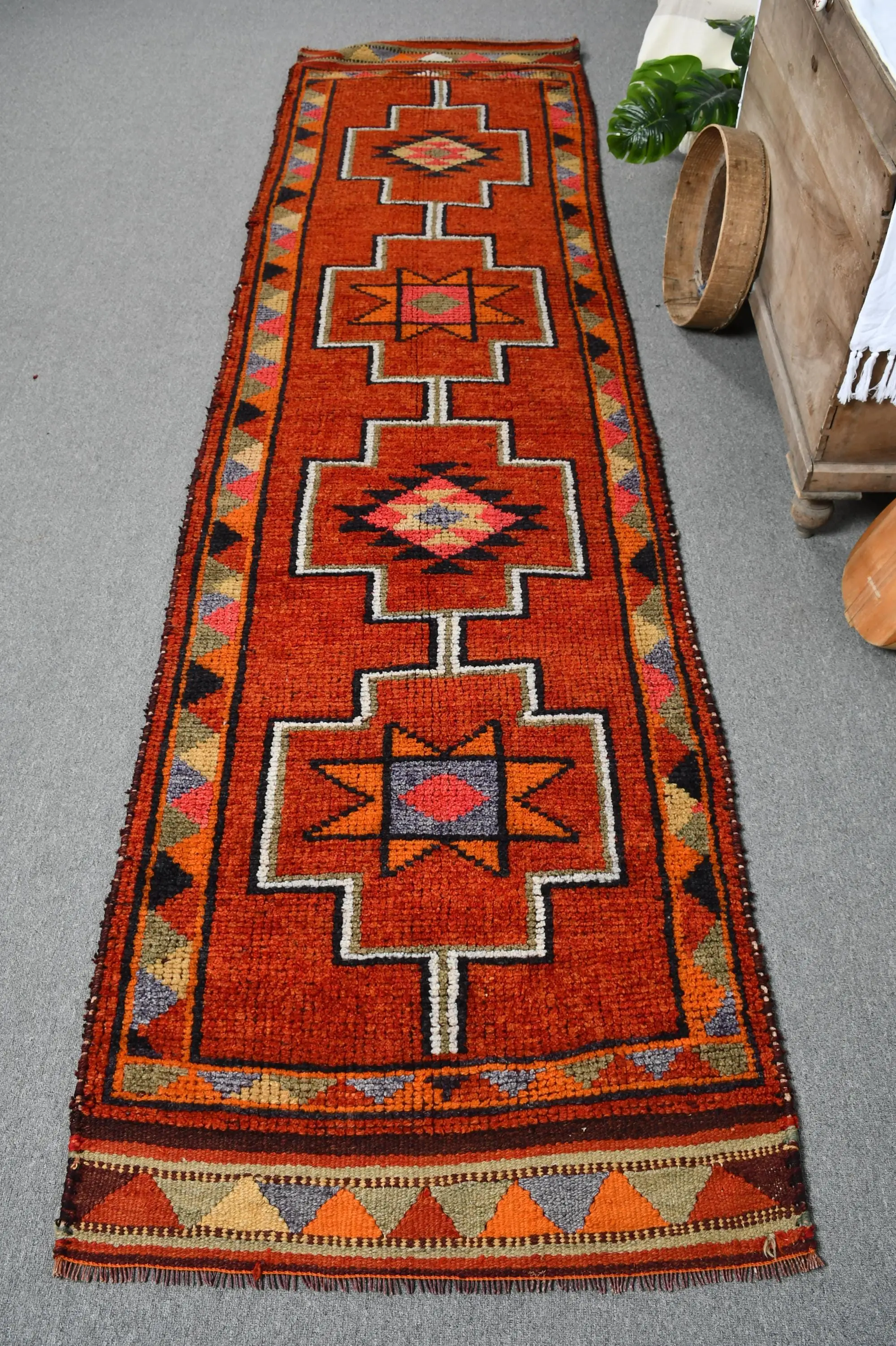 Turkish Vintage Herki Rug 2.9x11.2 ft (88x341 cm), Red Camouflage Wool Rug - 1