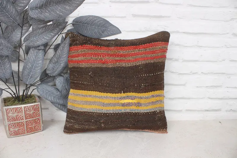 Home Decor Pillow, Cushion, Ethnical Kilim Rug Pillow, Aesthetic Cushion Cover, Pillow for Couch, 14x14 Red Pillow Cover - 1