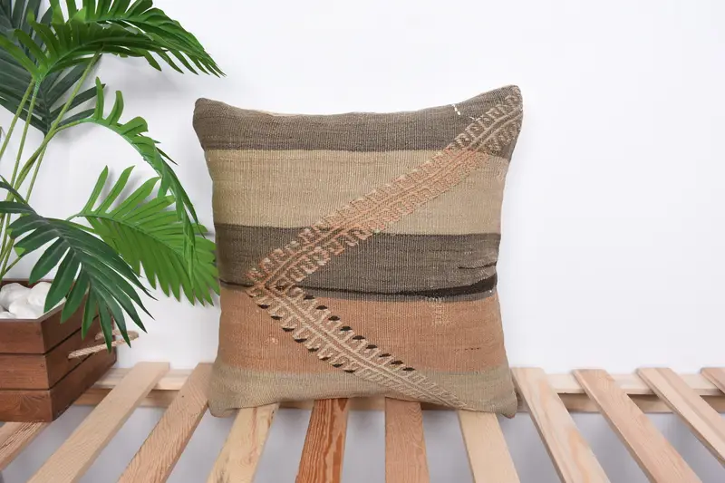 16x16 Brown Pillow Cover, Anatolian Cushion Case, Turkish Kilim Pillow, Boho Pillow Sham Cover, Pillow Case, Chair Cushion Case, Vintage Pillow - 1