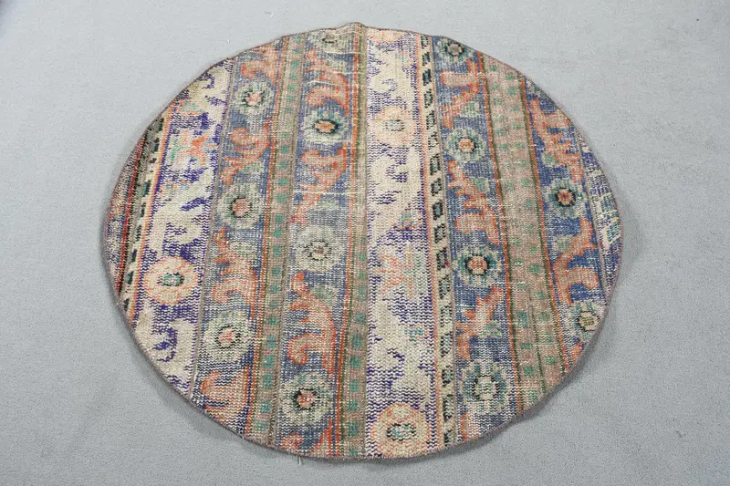 3.5x3.6 ft Turkish Rug, Round Vintage Rug, Blue Bordered Rug - 1