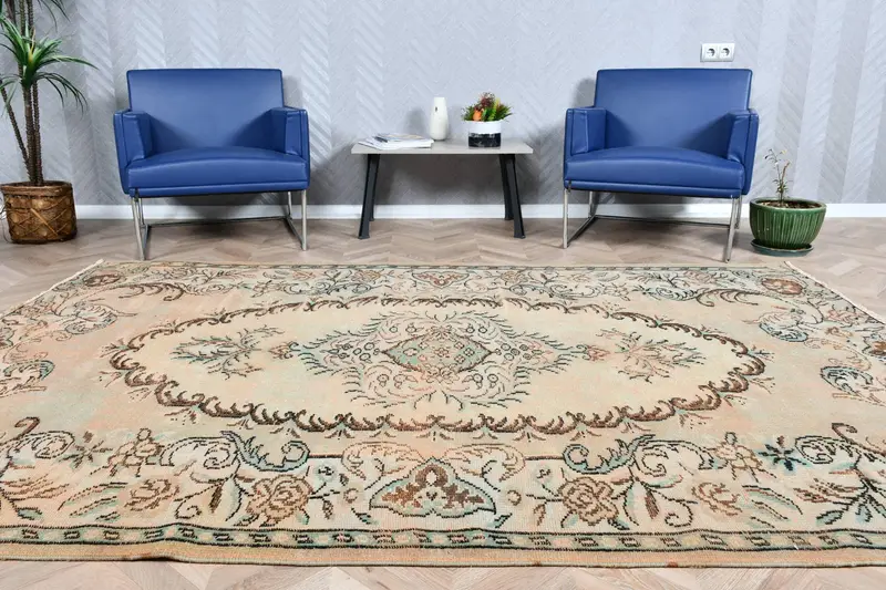 6,3x8,9 ft türkischer Vintage-Teppich, großer Teppich, braun-blauer Patchwork-Wollteppich - 1