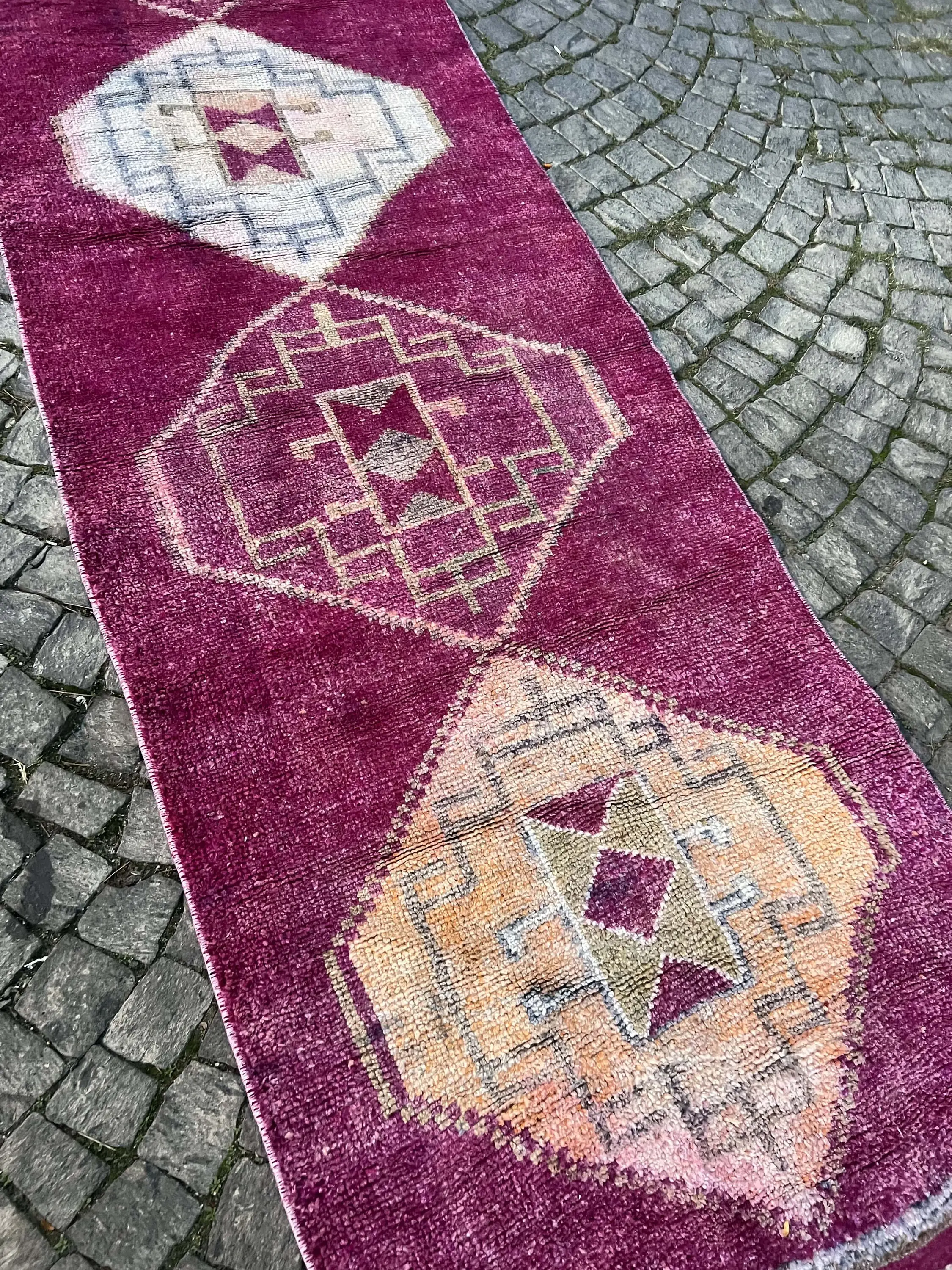 Turkish Vintage Herki Runner Rug 3.1x12.7 ft, Red Oriental Rug Wool - 1