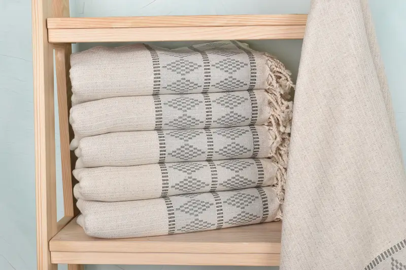 Linen Towel Khaki Green with Beige Kilim Design, 36x71 Inches