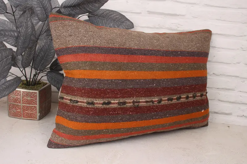 Vintage Pillow, Pillow for Sofa, Kilim Pillow, 16x24 Brown Pillow Sham, Handmade Throw Pillow Sham, Cozy Throw Pillow Cover, Pillow - 3